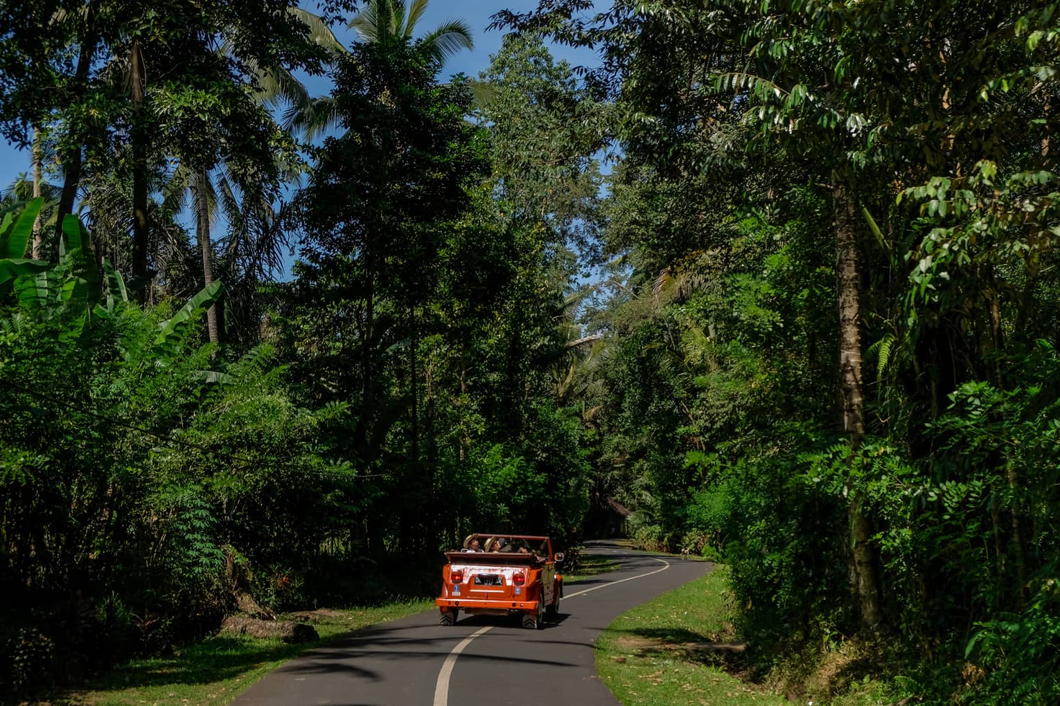 Couple driving orange Volkswagen in Bali