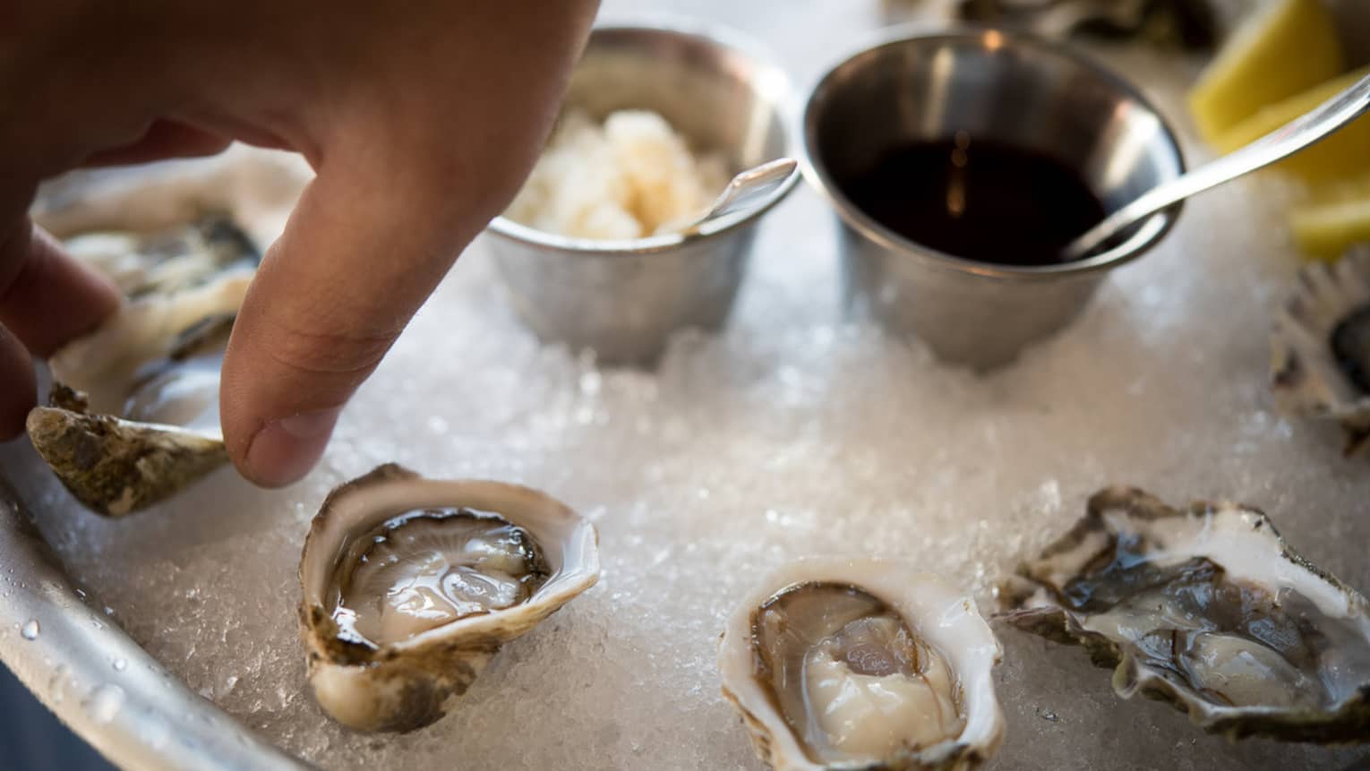 Hand reaching for oysters on ice.