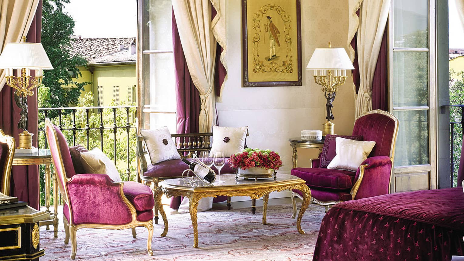 Presidential Suite De’ Medici purple velvet armchairs, loveseat, open balcony doors