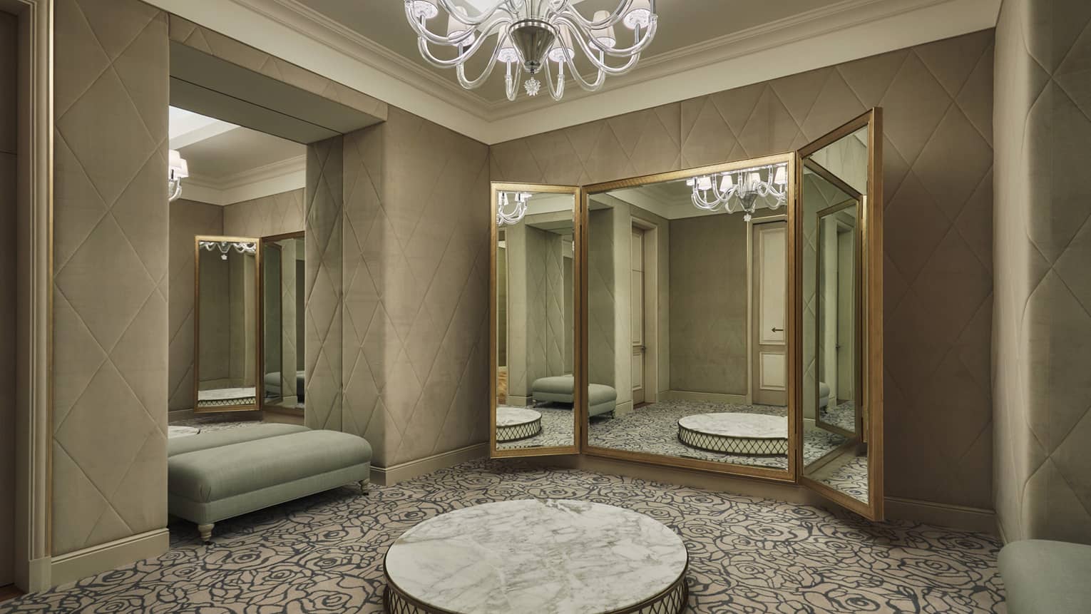 Private bridal suite changing room with round platform before large mirrors, chaise