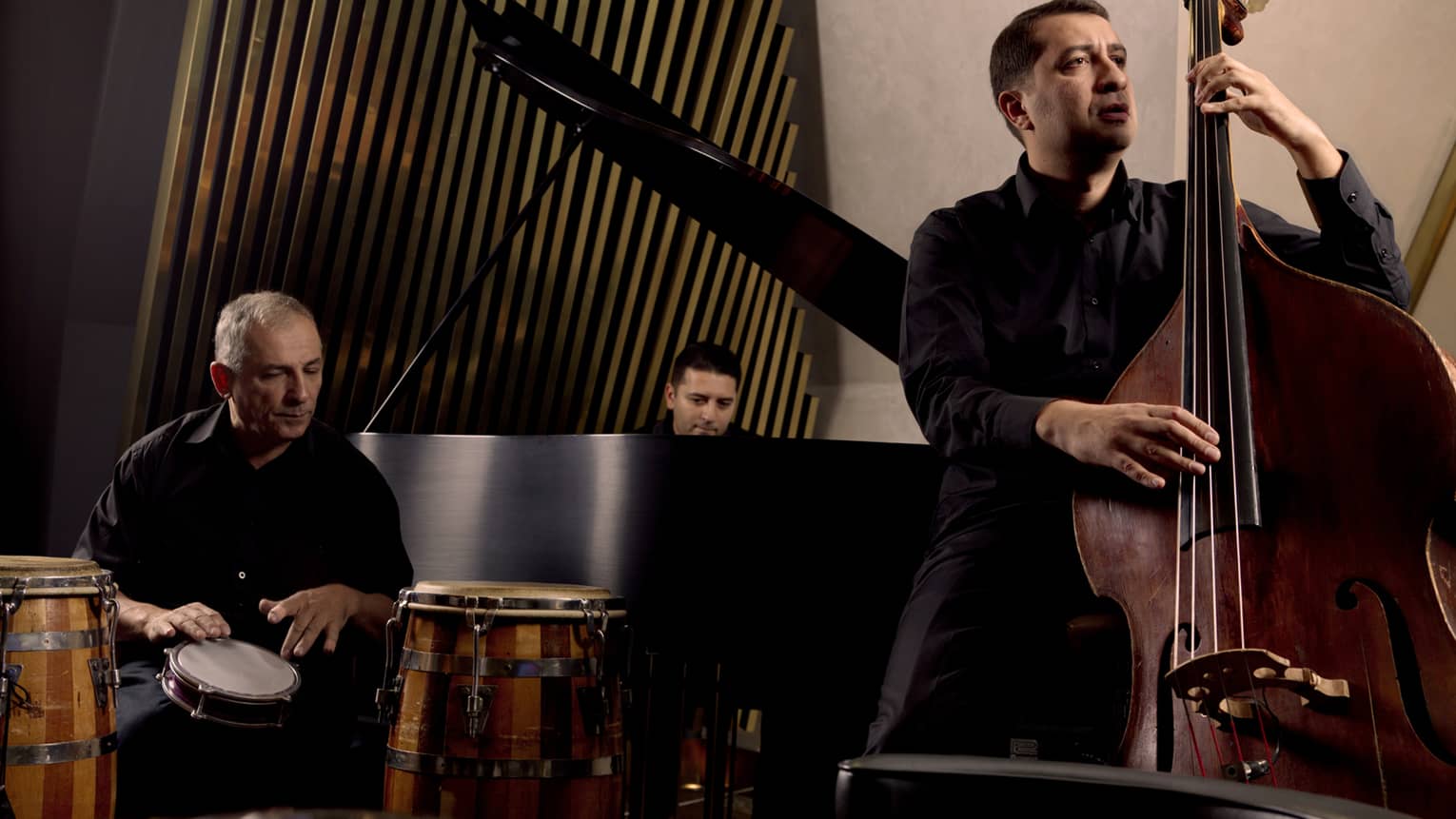 Three band members playing hand drum, grand piano and double bass