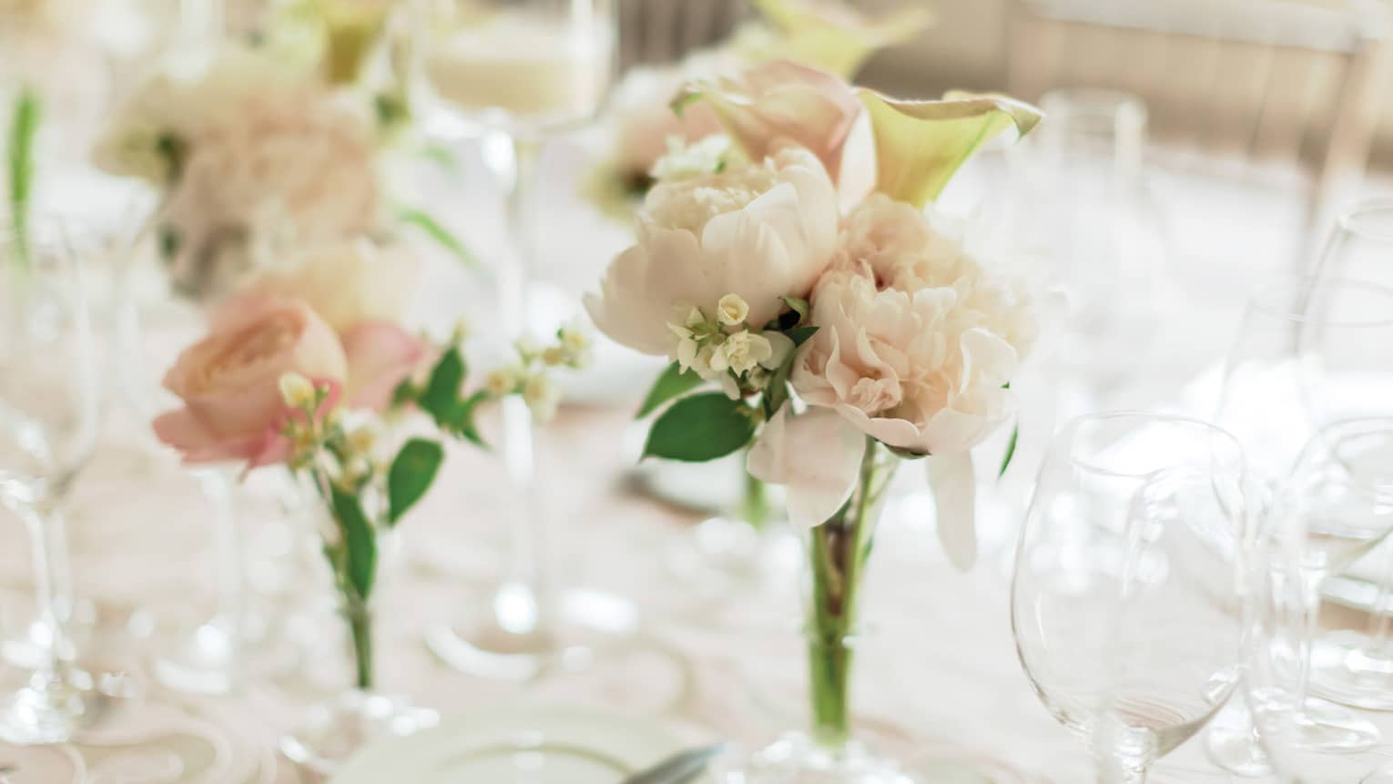 A couple delicate, dainty peony bouquets stand out on a white table with clear tableware