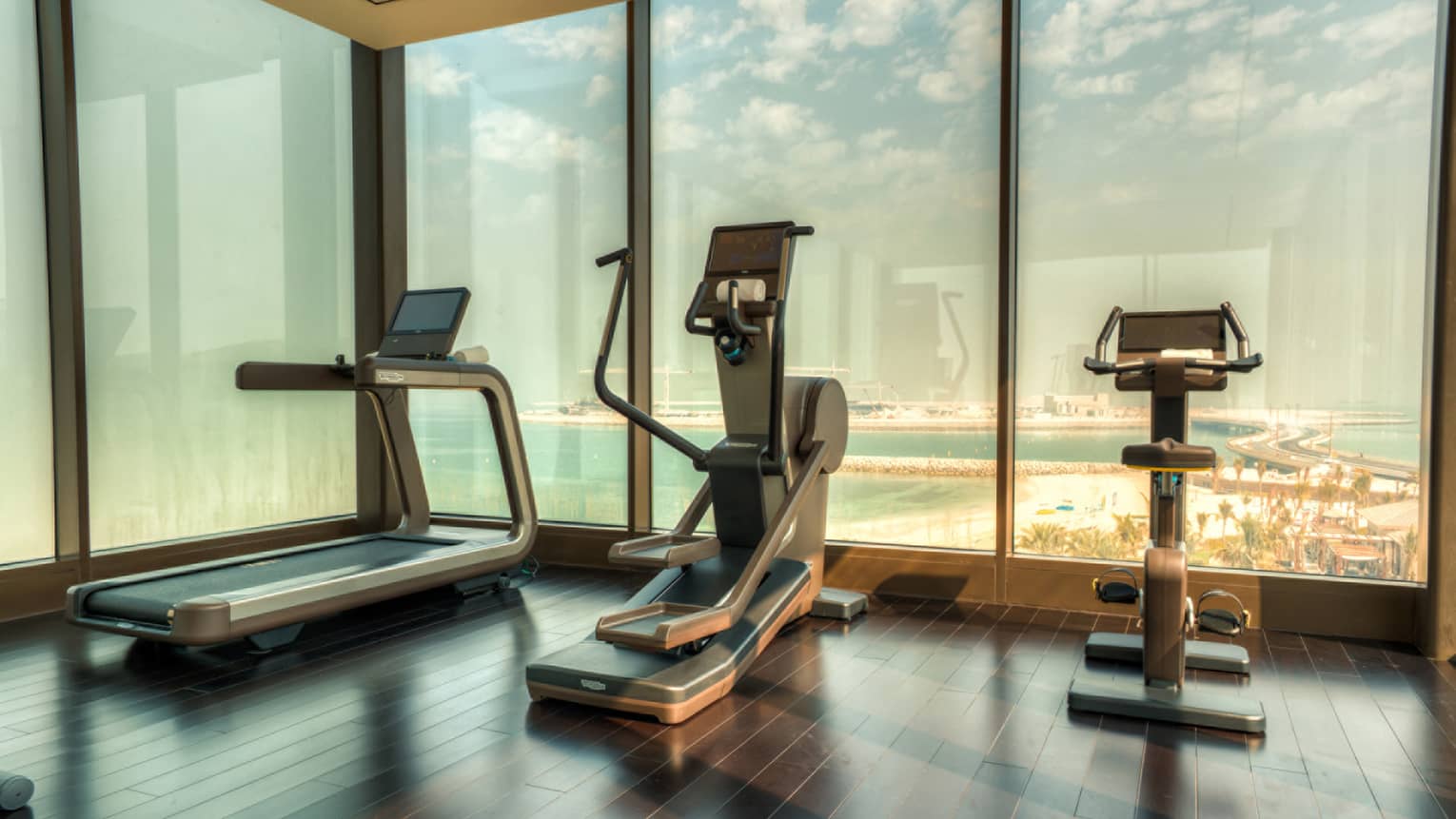 A treadmill, elliptical machine and cardio bike side-by-side at window overlooking beach