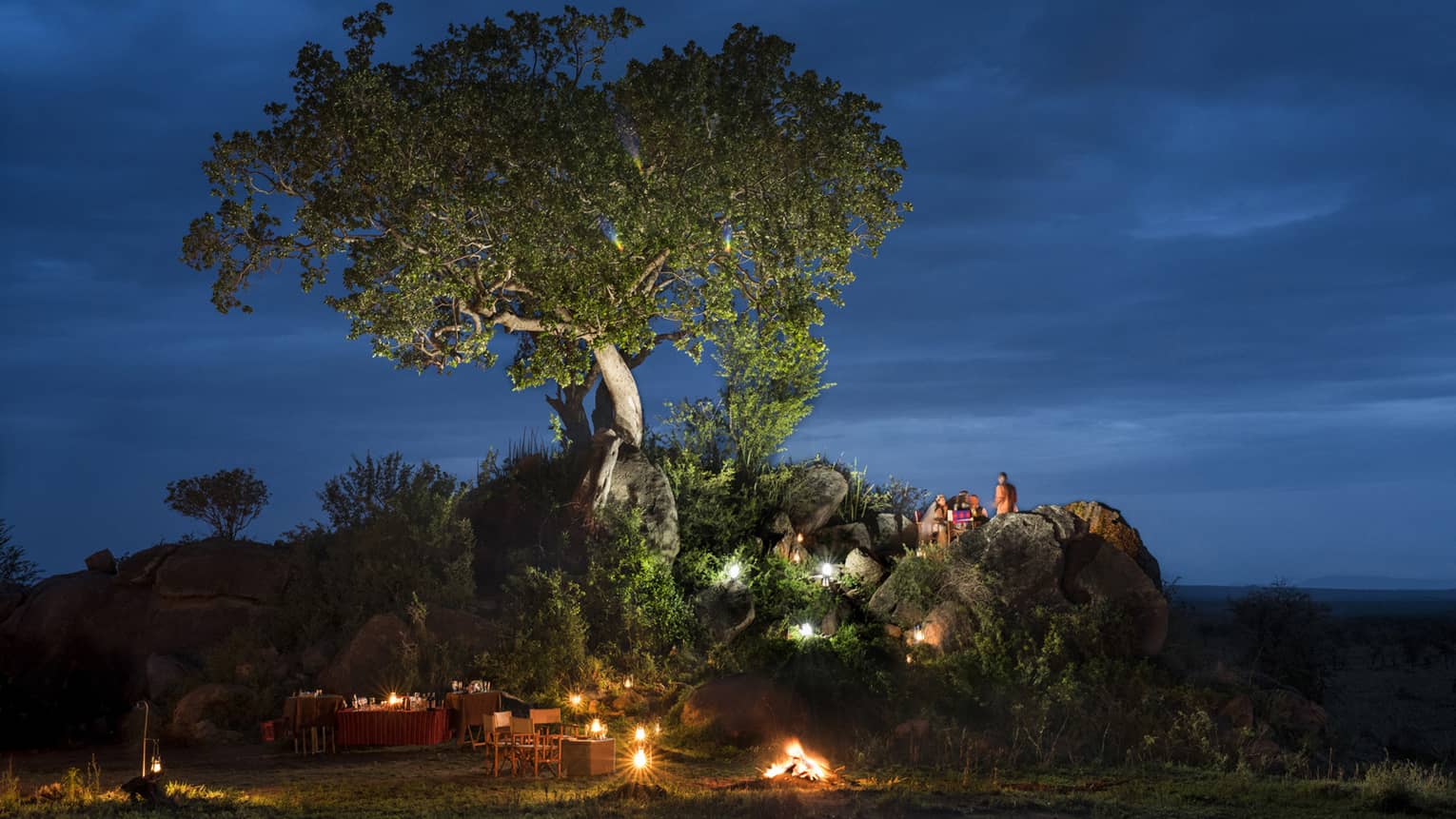 Bride and groom sit on large rock under tree, over candle-lit dining tables at night