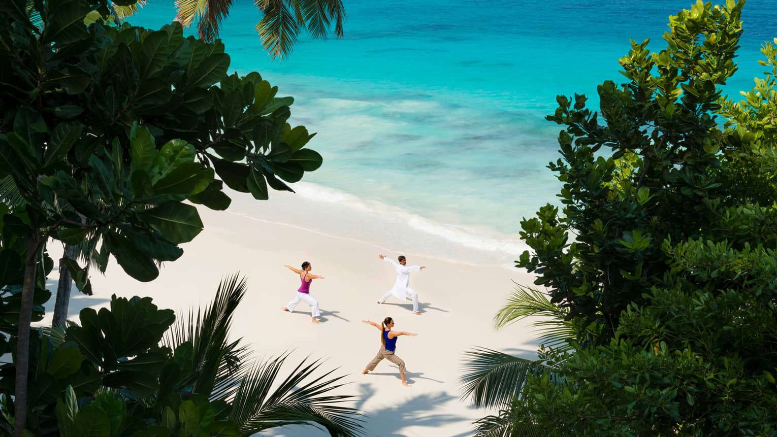 Aerial view of sandy beach through palm leaves where three people do yoga