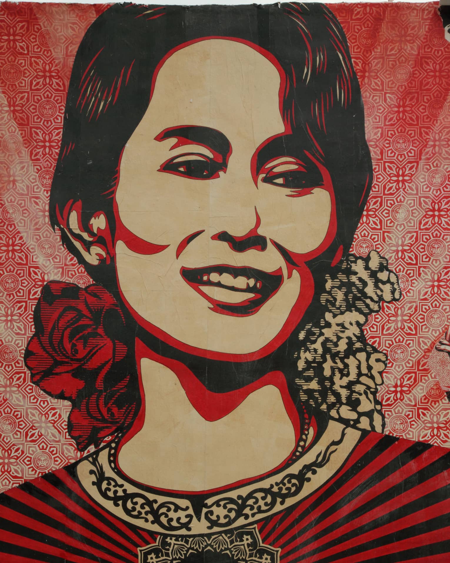 A print by Shepard Fairey of Aung San Suu Kyi, a Burmese politician, diplomat, author and a 1991 Nobel Peace Prize laureate.