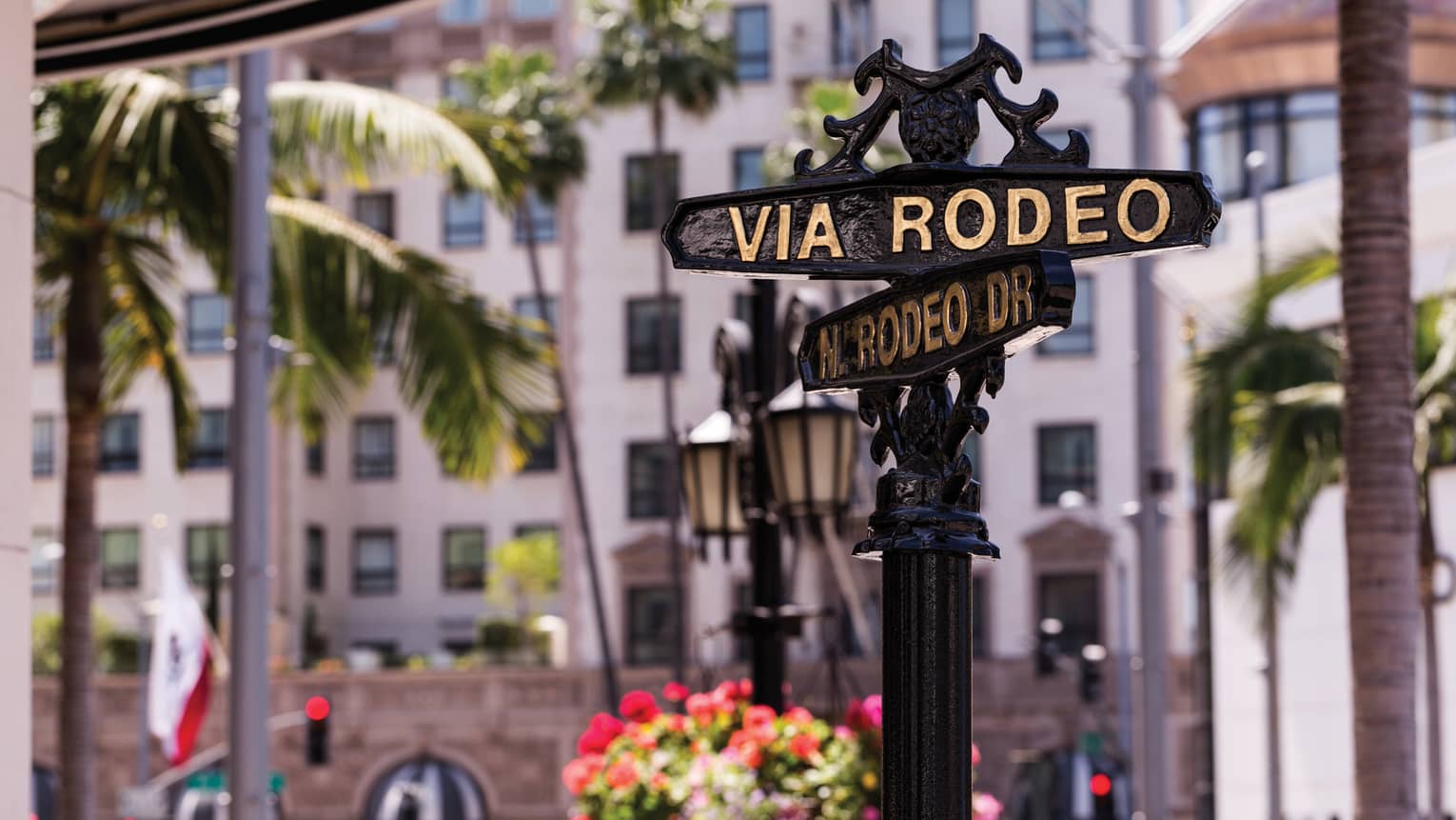 Wrought iron post with Rodeo Drive street signs, palm trees and flowers in background