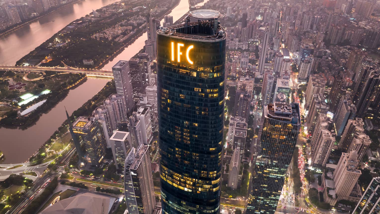 Aerial view of the IFC building in Guangzhou, China