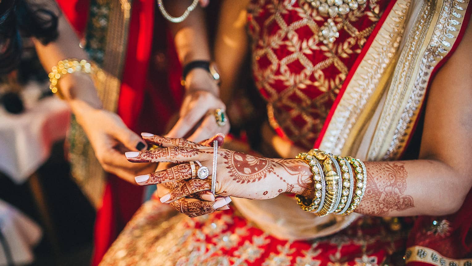 Bridal party, woman's hands decorated with henna paints