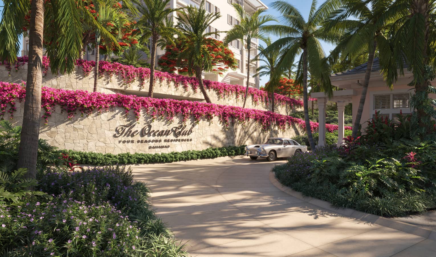 ,Rendering of a vintage car in front of The Ocean Club Four Seasons Residences Bahamas sign