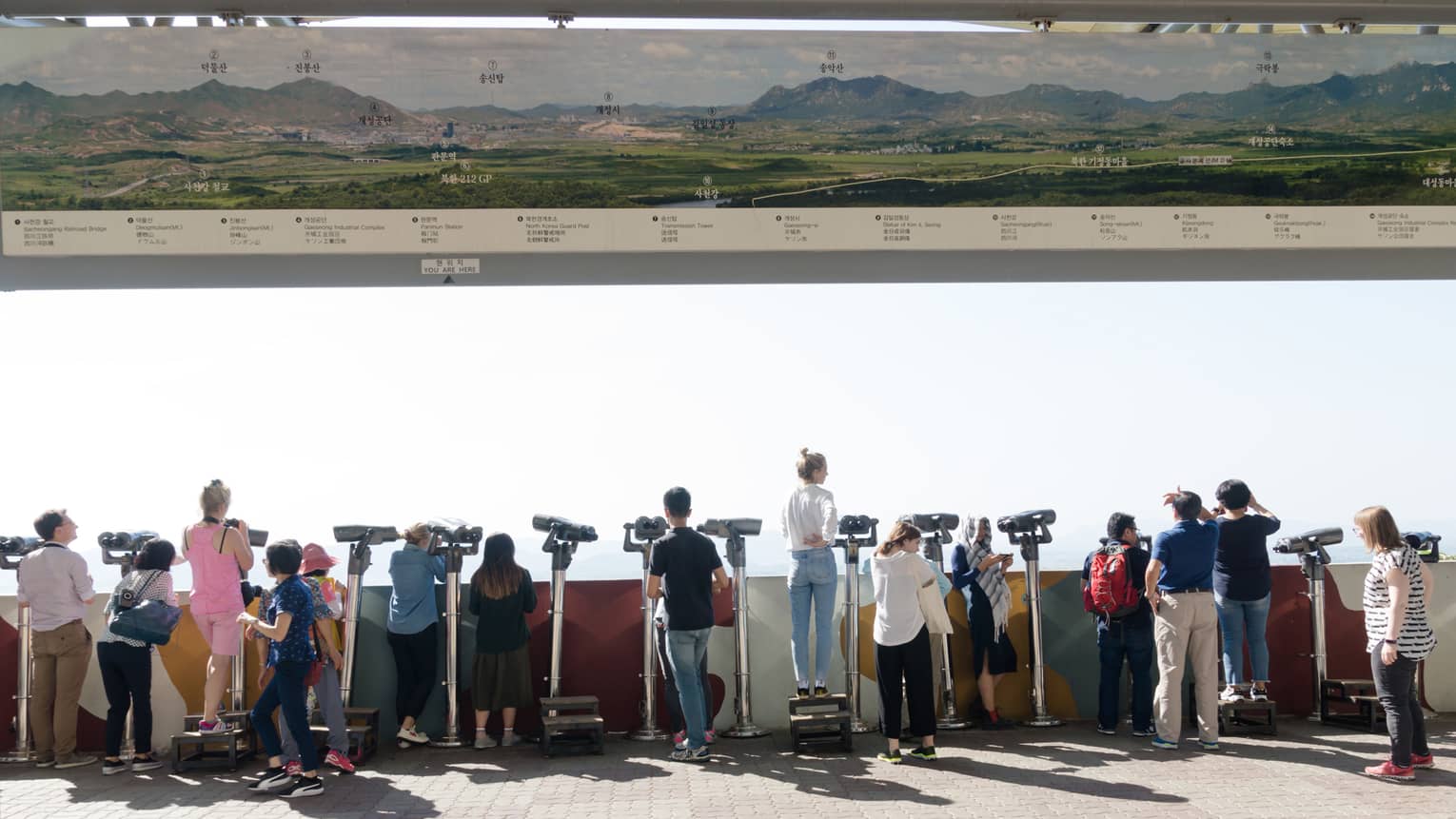 Rear view of a line of tourists using viewfinders to look over a wall, a panoramic map of the DMZ area hung over their heads.