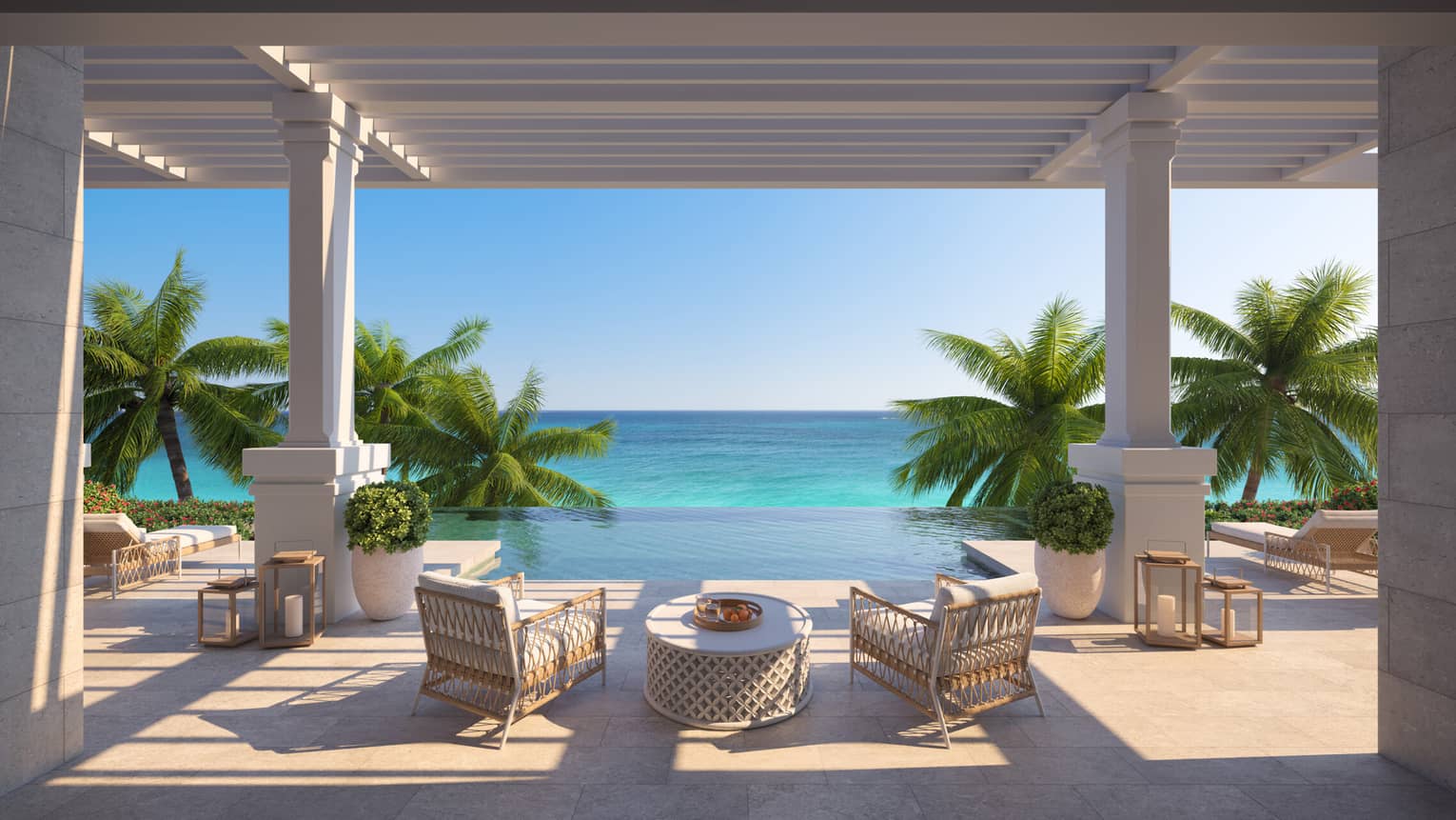 ,Rendering of a modern residence outdoor seating area with an ocean view