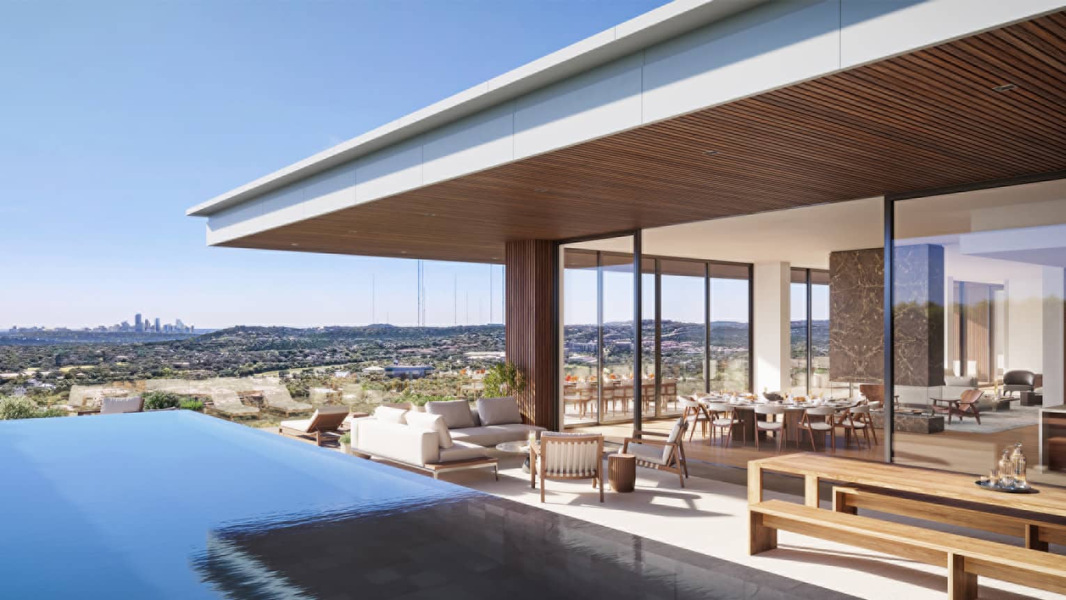 Rendering of residence with infinity pool and skyline in background