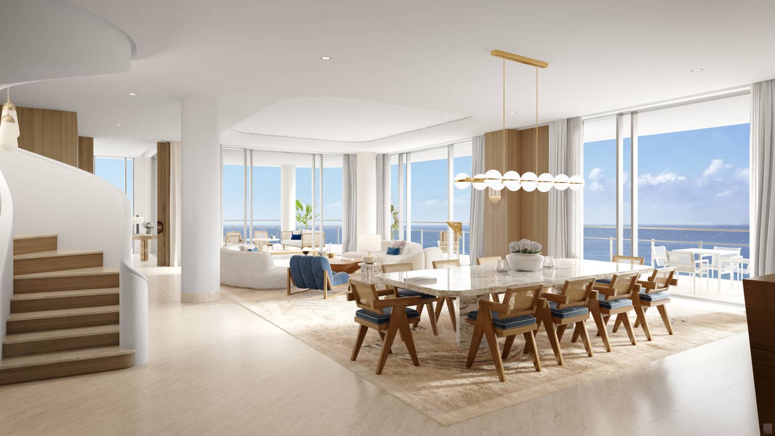 Rendering of penthouse showing dining area, lounge area and floor-to-ceiling windows with ocean view