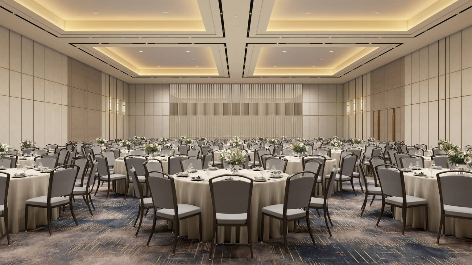 Rendering of an indoor ballroom with banquet tables