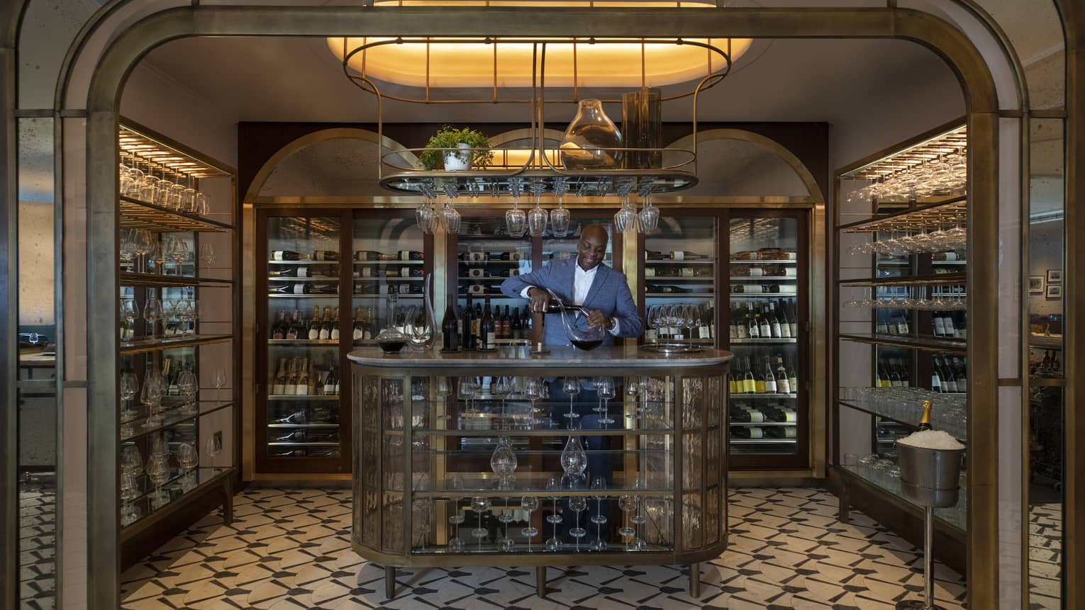 Bar serving wine in a special wine room, lines with refrigerated shelves