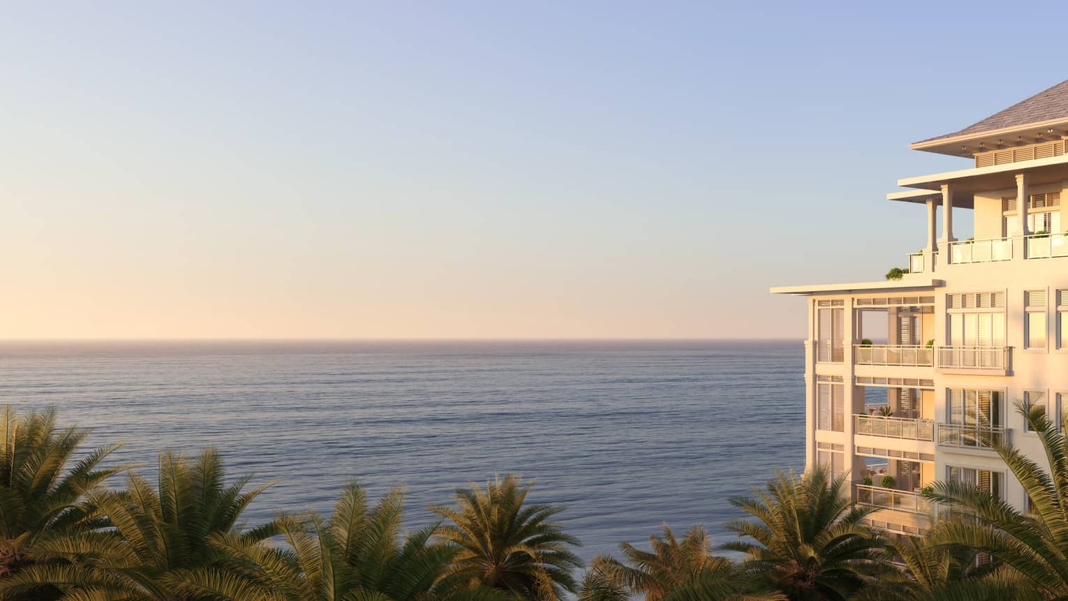 ,Rendering of the exterior a modern residence by the ocean at sunset