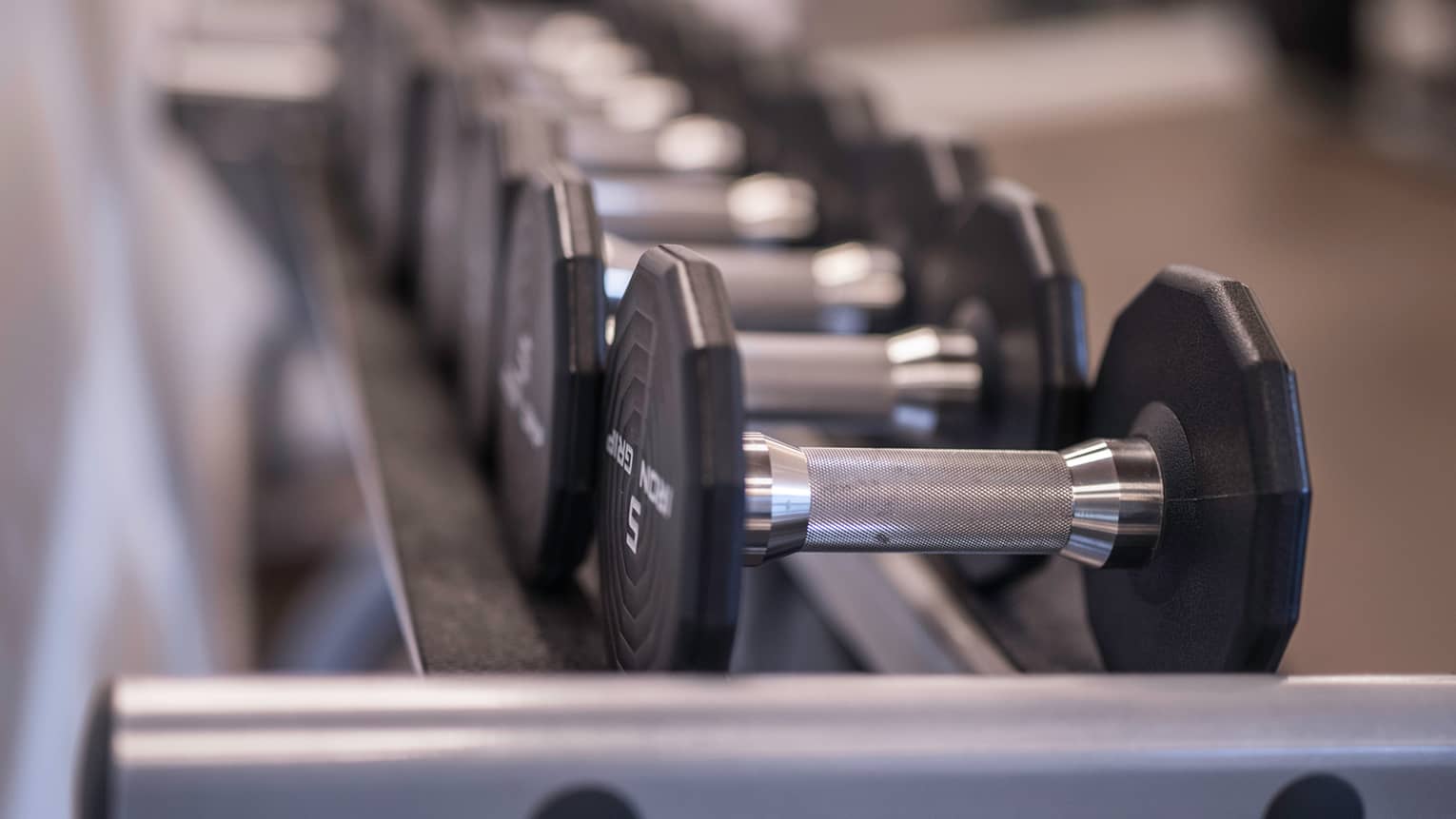 Close-up of black and metal dumbbell hand weights in row on rack