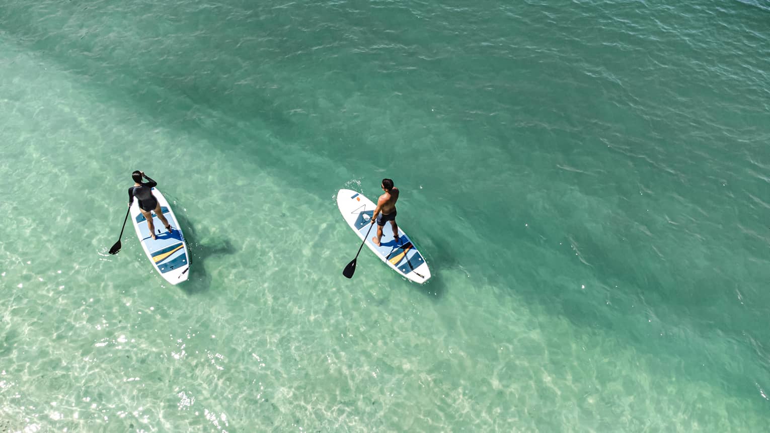 Aerial view of two people paddleboarding in clear green-blue water