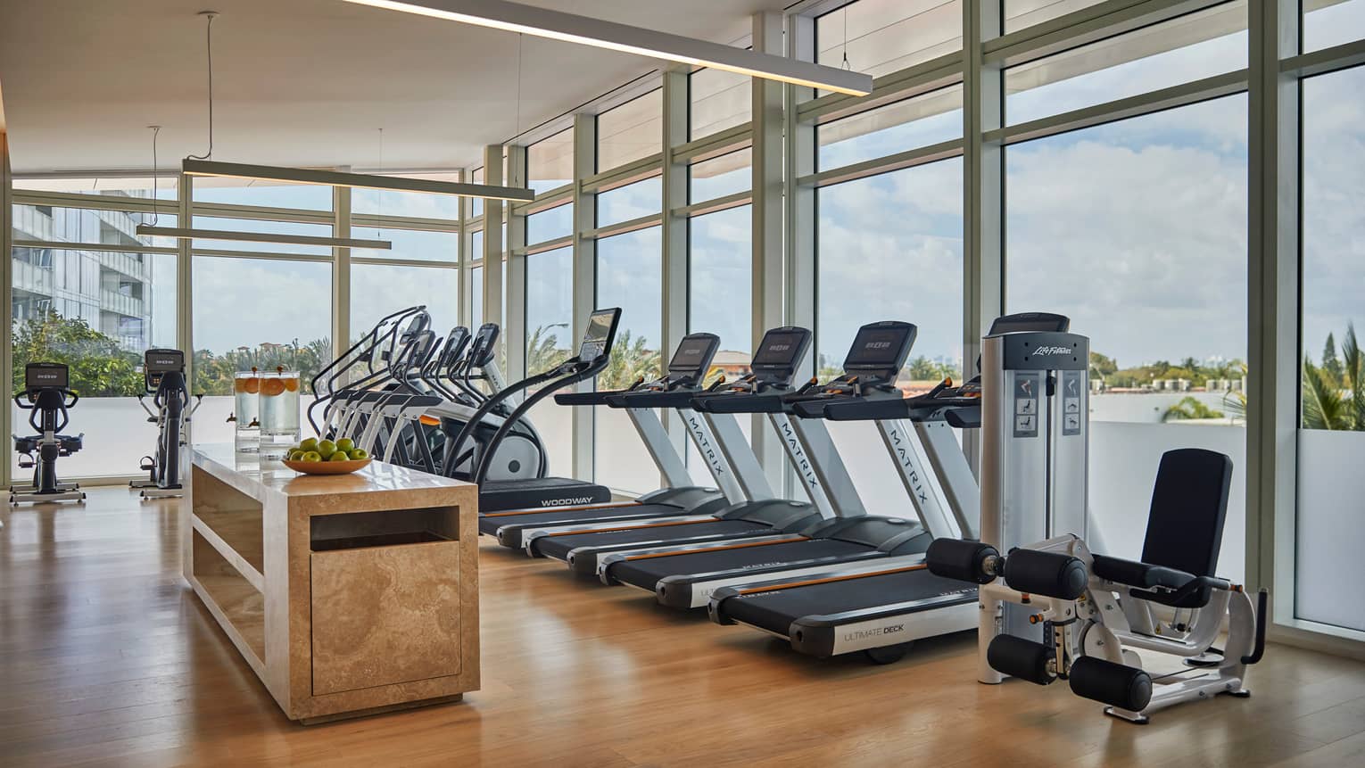 Indoor fitness facility with cardio and strength training equipment like treadmills and elliptical machines