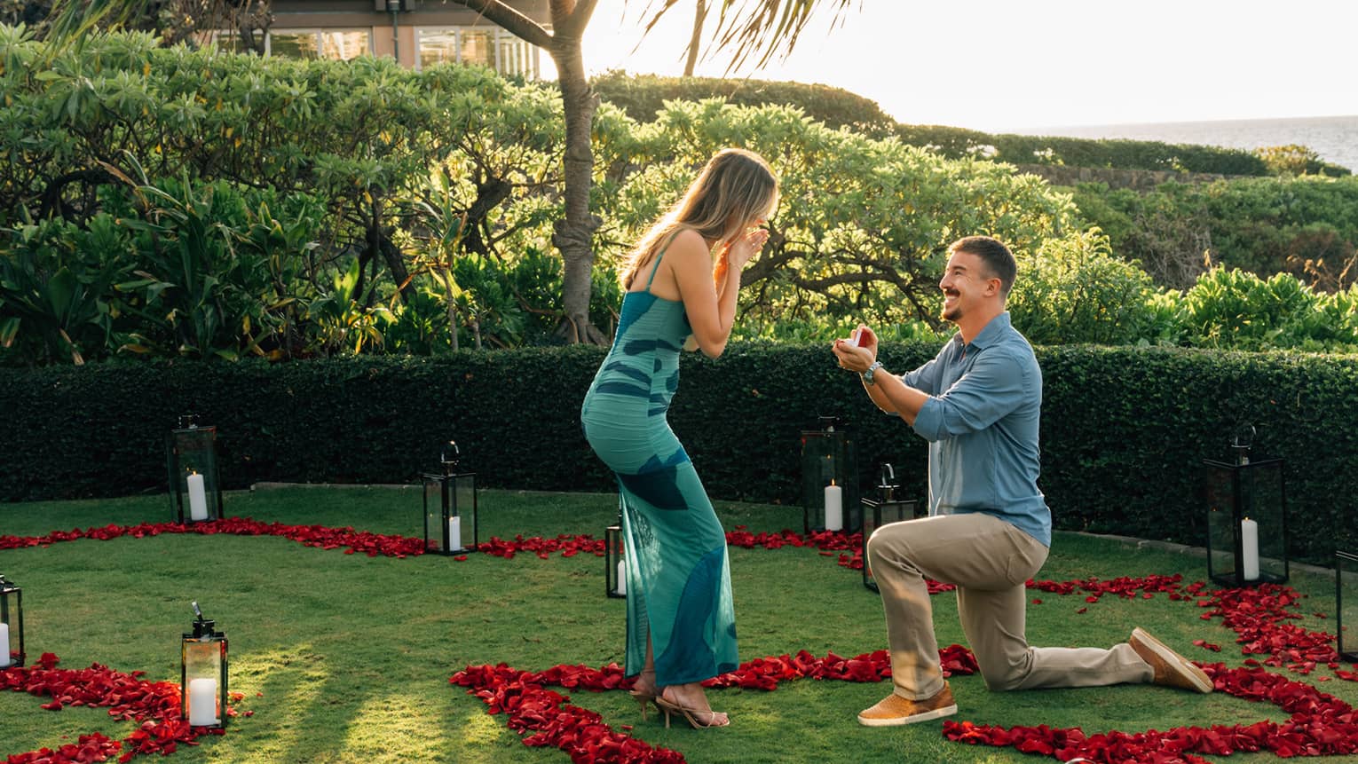 Man proposes to woman on one knee while in a tropical lawn scattered with rose petals