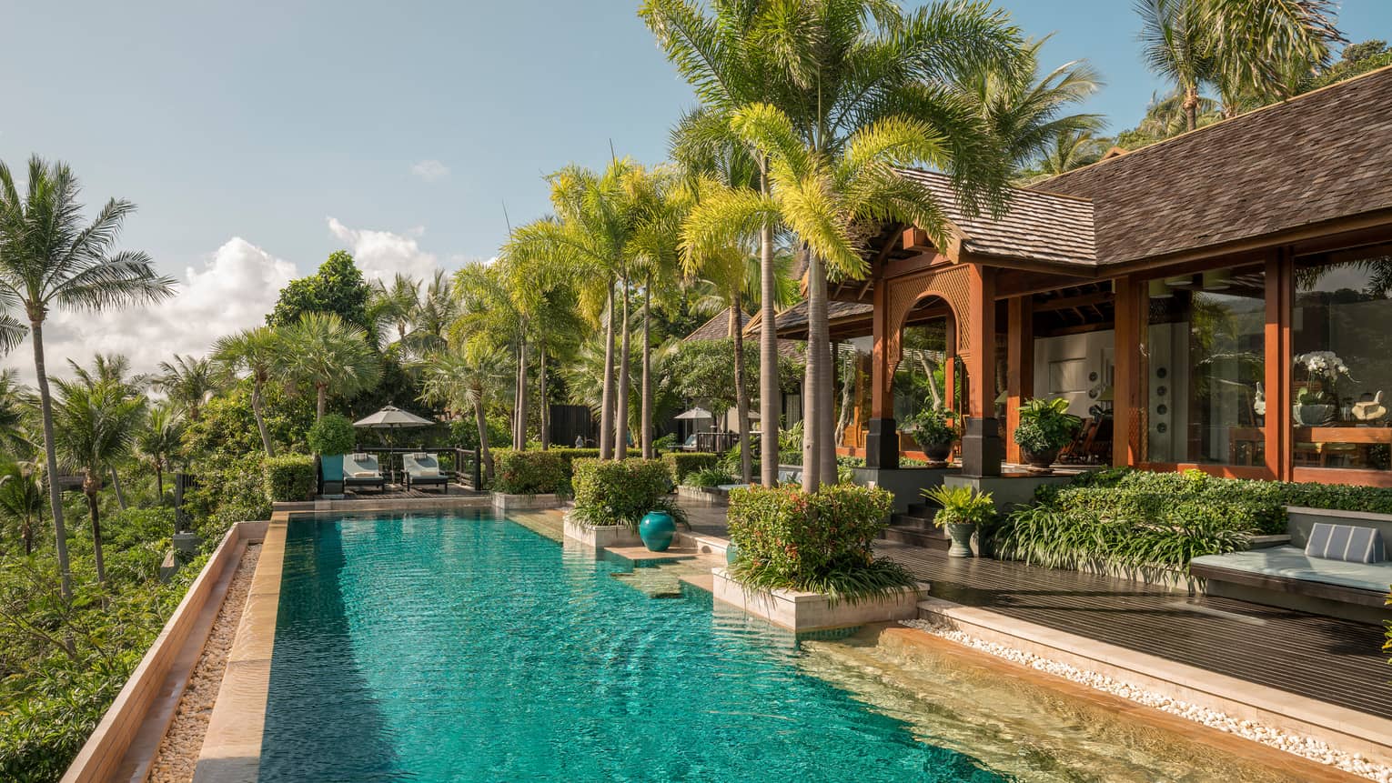 Private residence surrounded by palm trees with rectangular pool and foliage