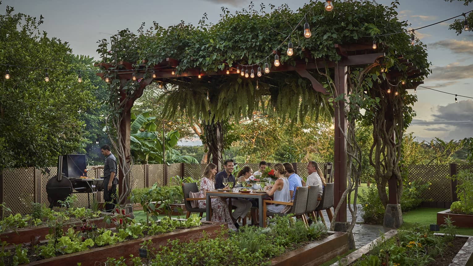 A group sits at a dinner table set underneath a pergola topped with greenery and surrounded by garden boxes