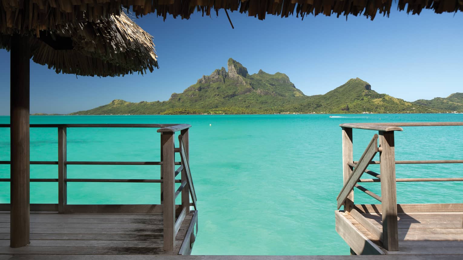 Water view from an overwater bungalow in Bora Bora