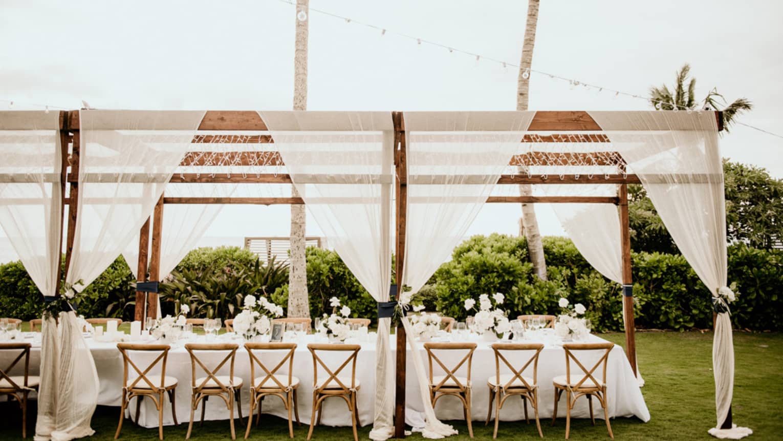 Wedding banquet table setup under pergola on lawn beside palm trees