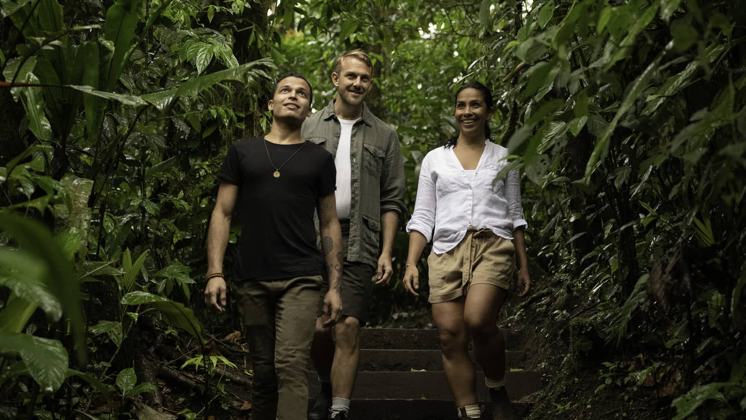 Three adventurous hikers smile as they walk down a wooden staircase surrounded by the lush green foliage of a rainforest.