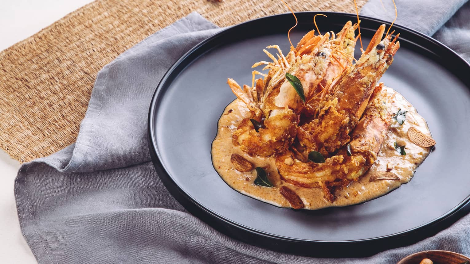 Wok-fried Tiger Prawns with Cashews, Curry Leaves and Chilli Paste