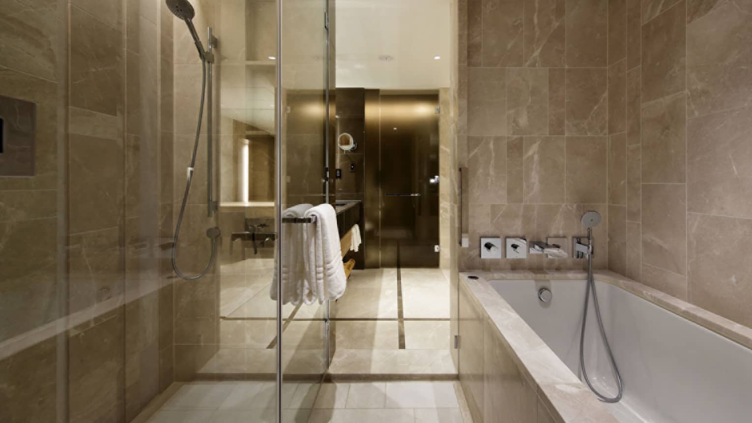 Bathroom with walk-in glass shower and separate tub