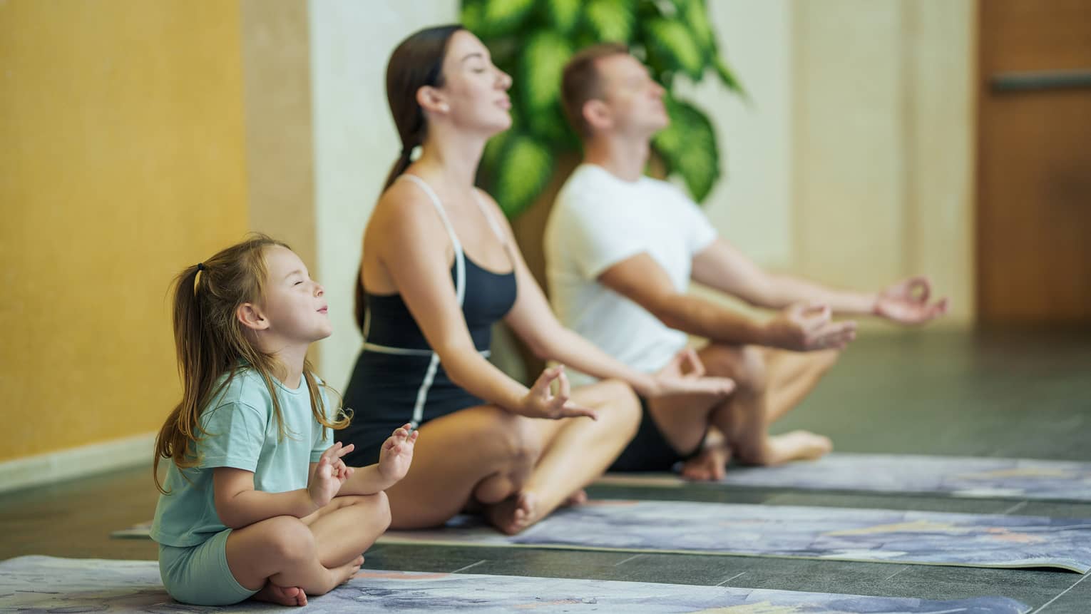 Two adults and one child each sit on a yoga mat with their legs crossed, eyes closed and hands held on their knees