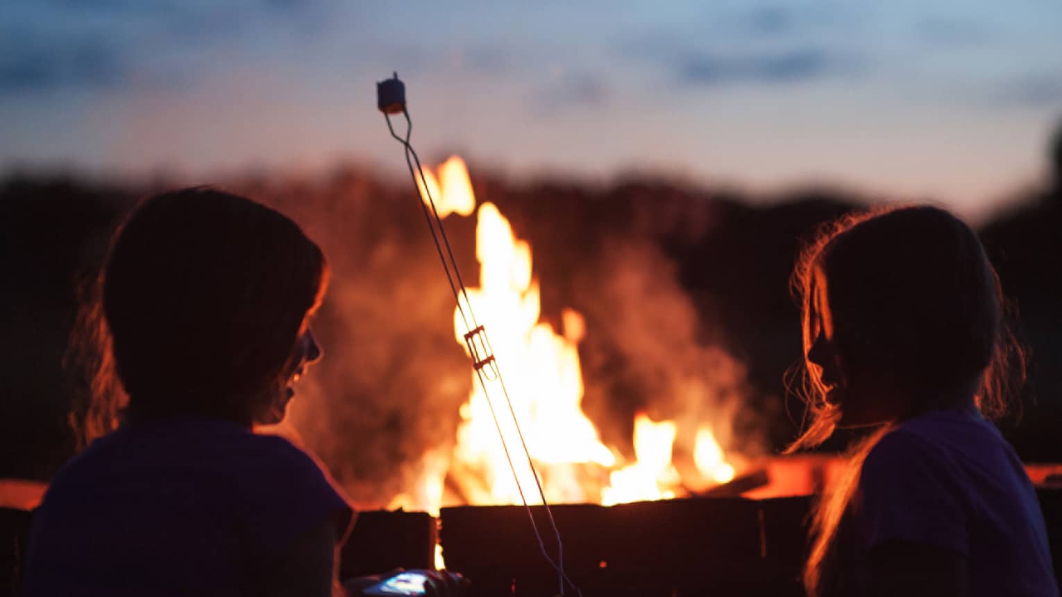 Silhouette of two children roasting marshmallows in front of roaring bonfire 