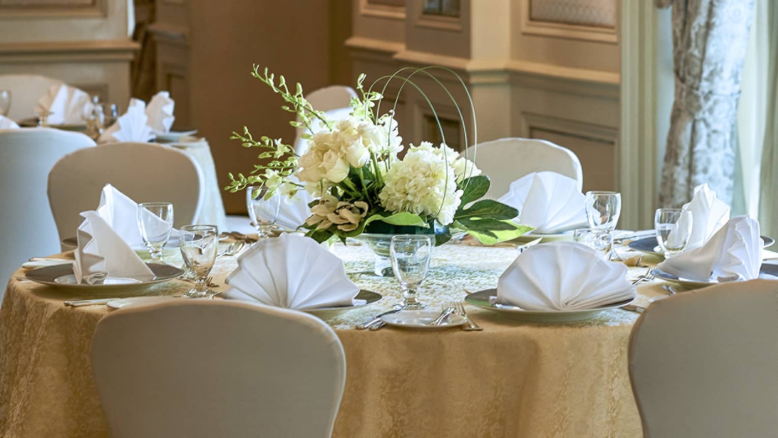 Close-up of banquet dining table with place settings, white flowers, napkins folded like fans 