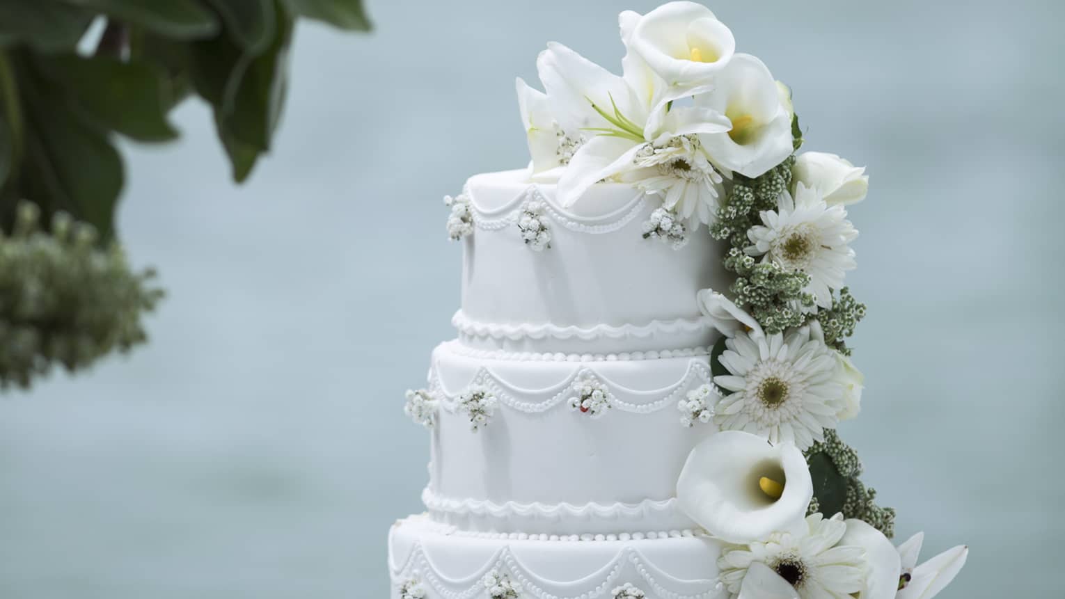 Three tiered wedding cake decorated with white flowers, daisies