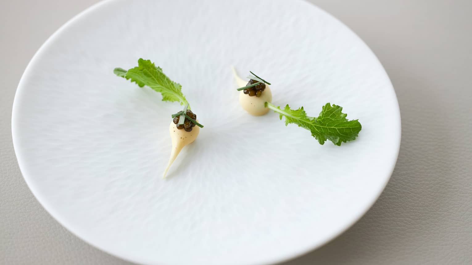 Whole young turnips with sake-kasu on round white plate