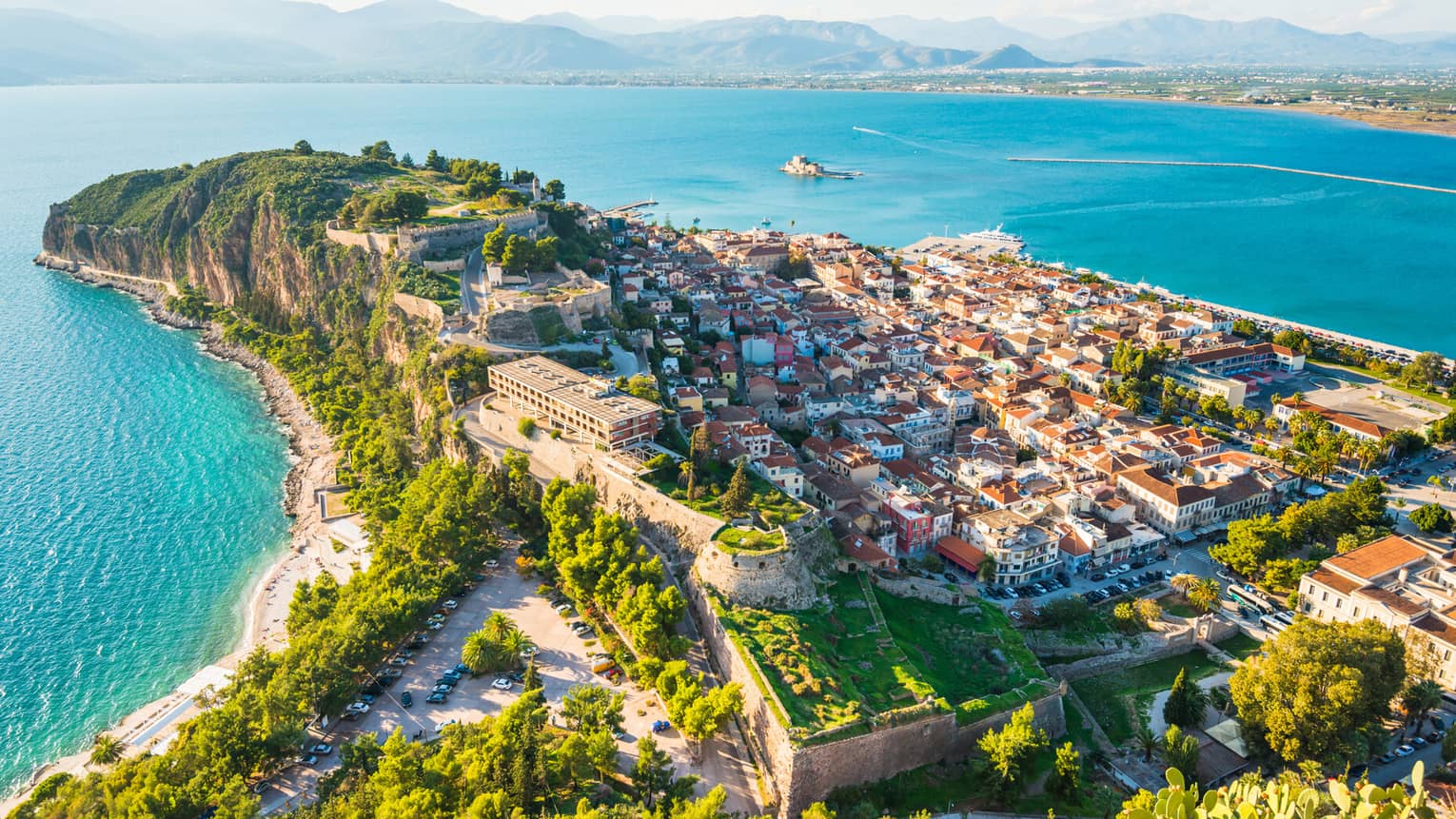 An aerial view of the city of Nafplion, Greece on a sunny day