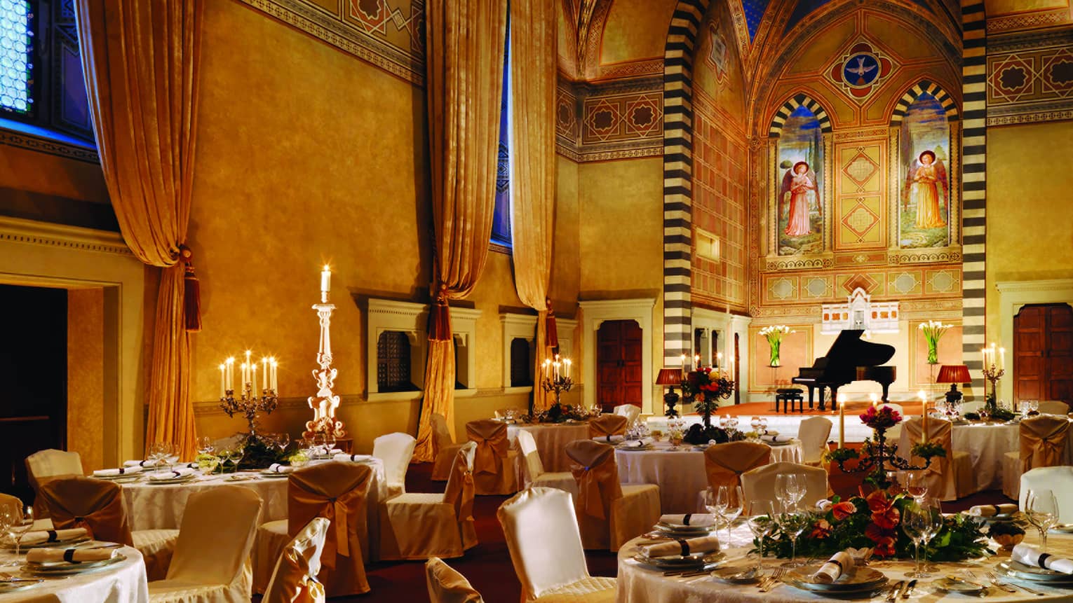 Sweeping arched ceilings over dining tables in La Villa Ballroom