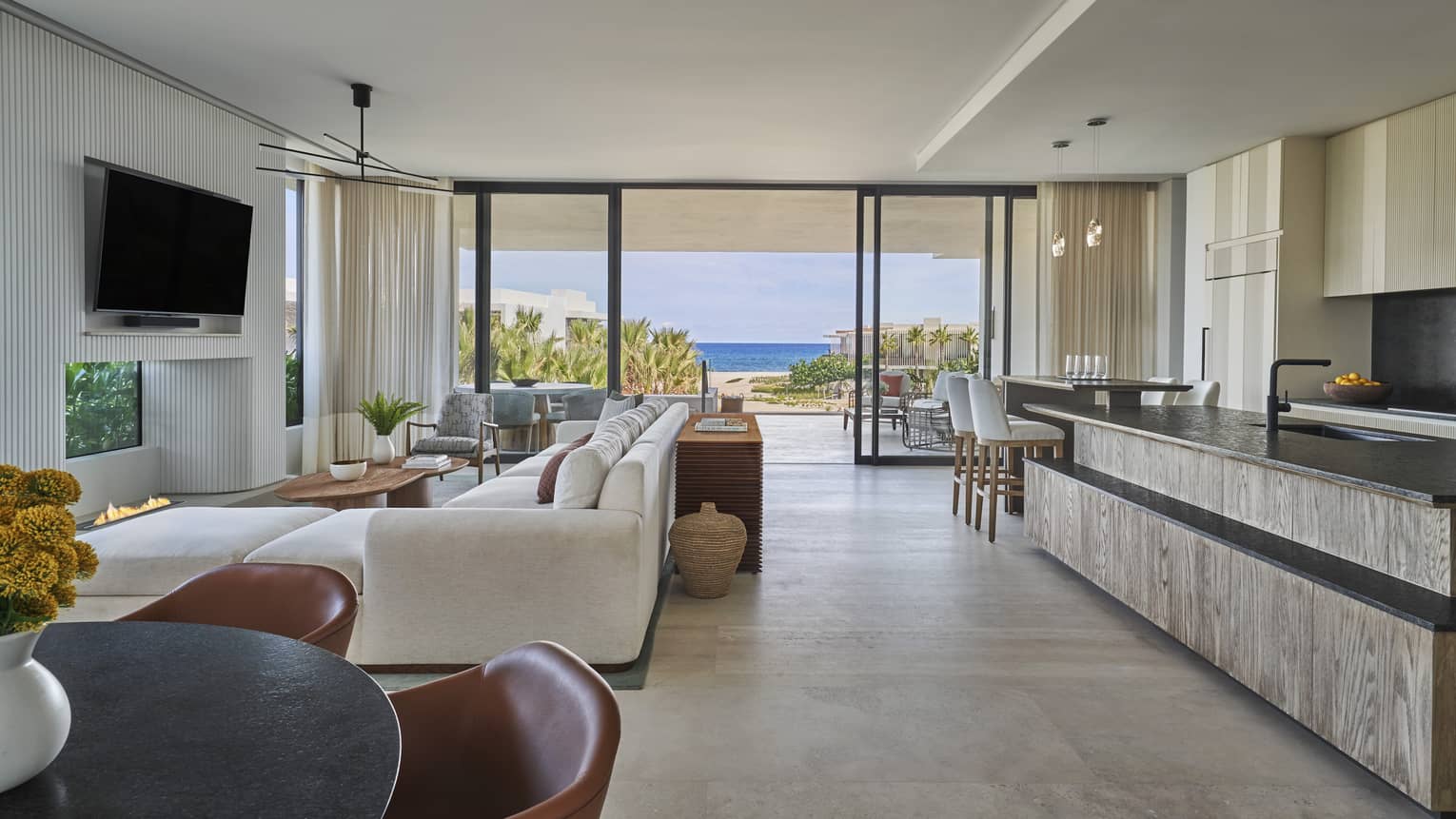Contemporary, open-concept living room and kitchen area with ocean view