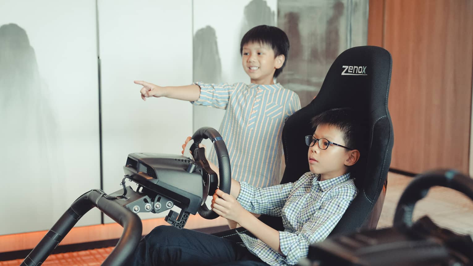 Two young boys playing a car racing game.