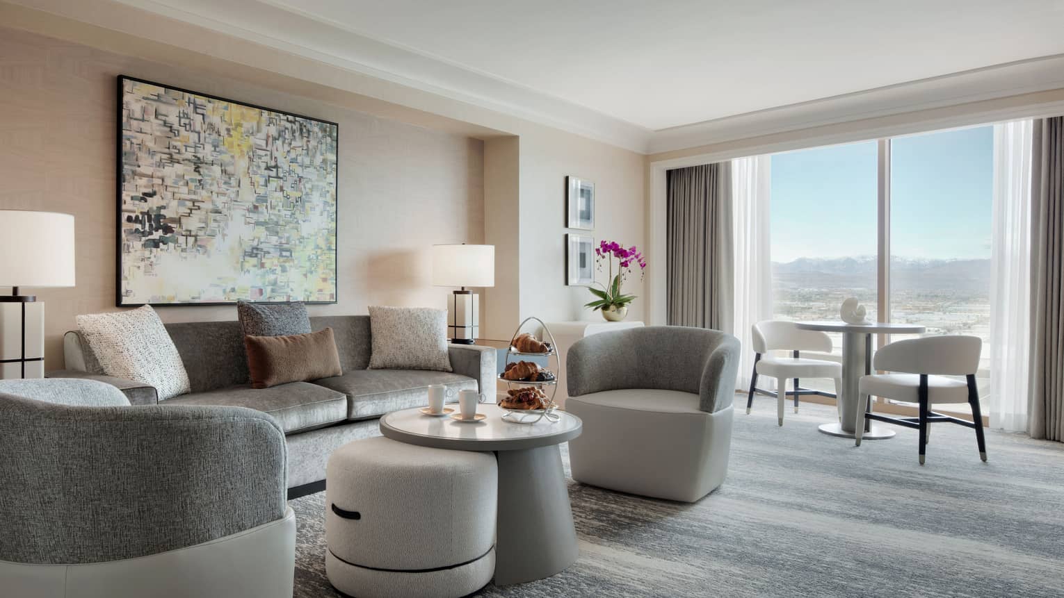 Living room and windowside table and chairs, Penthouse Suite at Four Seasons Hotel Las Vegas