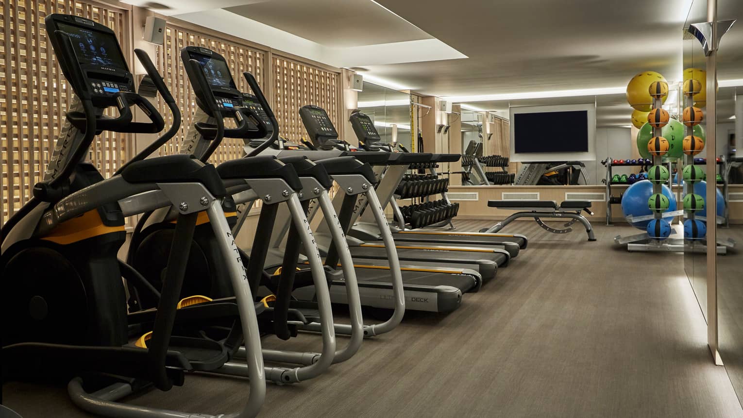 Row of cardio machines in fitness room with wood floor, colourful pilates balls on rack in background