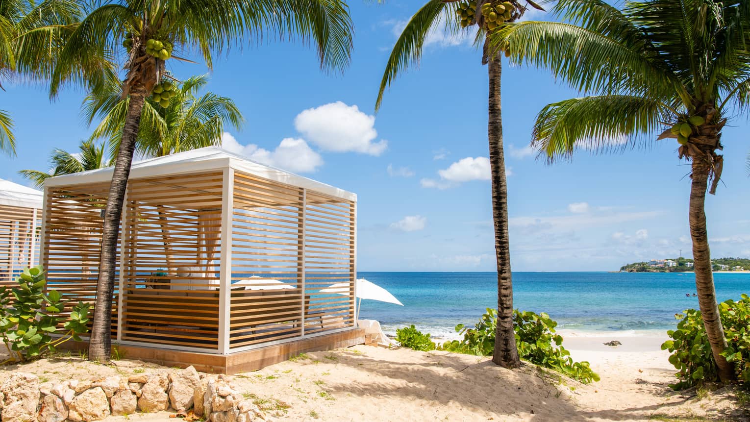 Beachfront cabana with slated wood walls and a white canopy set on the sand next to three palm trees with the ocean in the near distance
