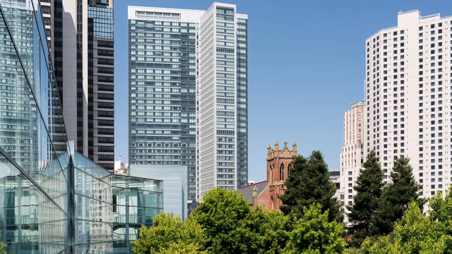 Outdoor view of tall buildings in San Francisco's Yerba Buena neighbourhood on sunny day
