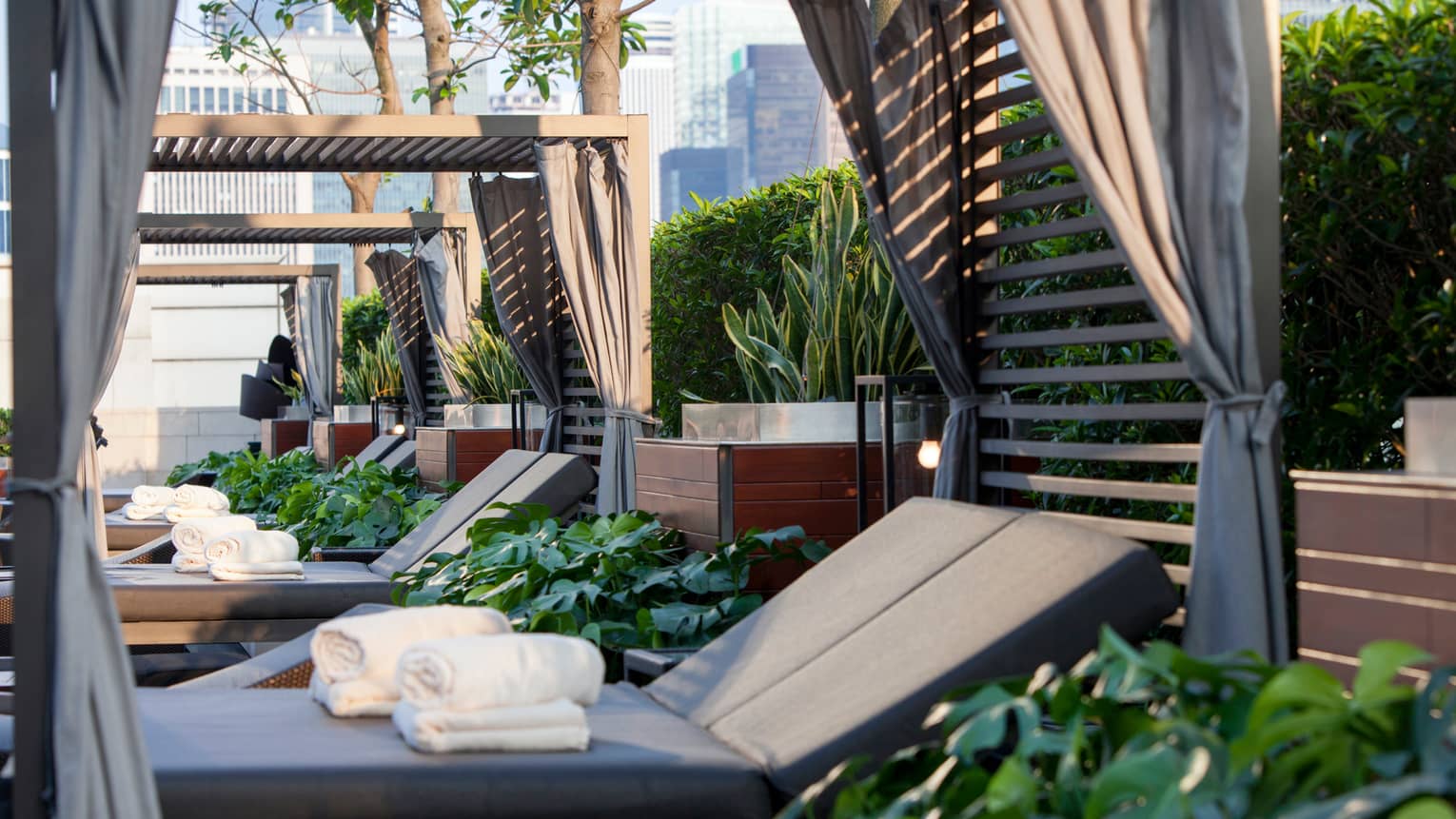 Patio lounge chairs side-by-side on deck with tropical plants, rolled white towels on grey cushions