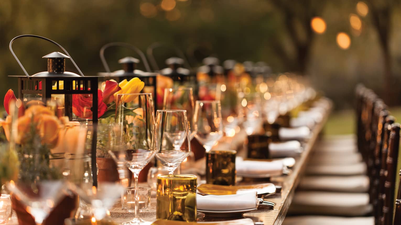 Close-up of long banquet table with red and yellow flower, amber glassware 