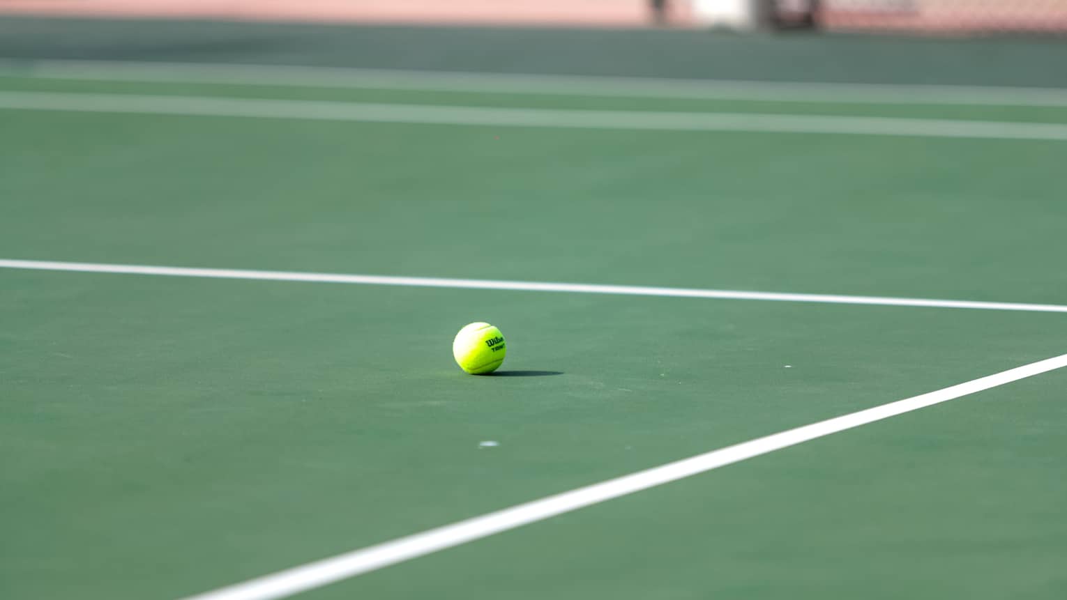 Tennis ball between the tennis green's white corner lines