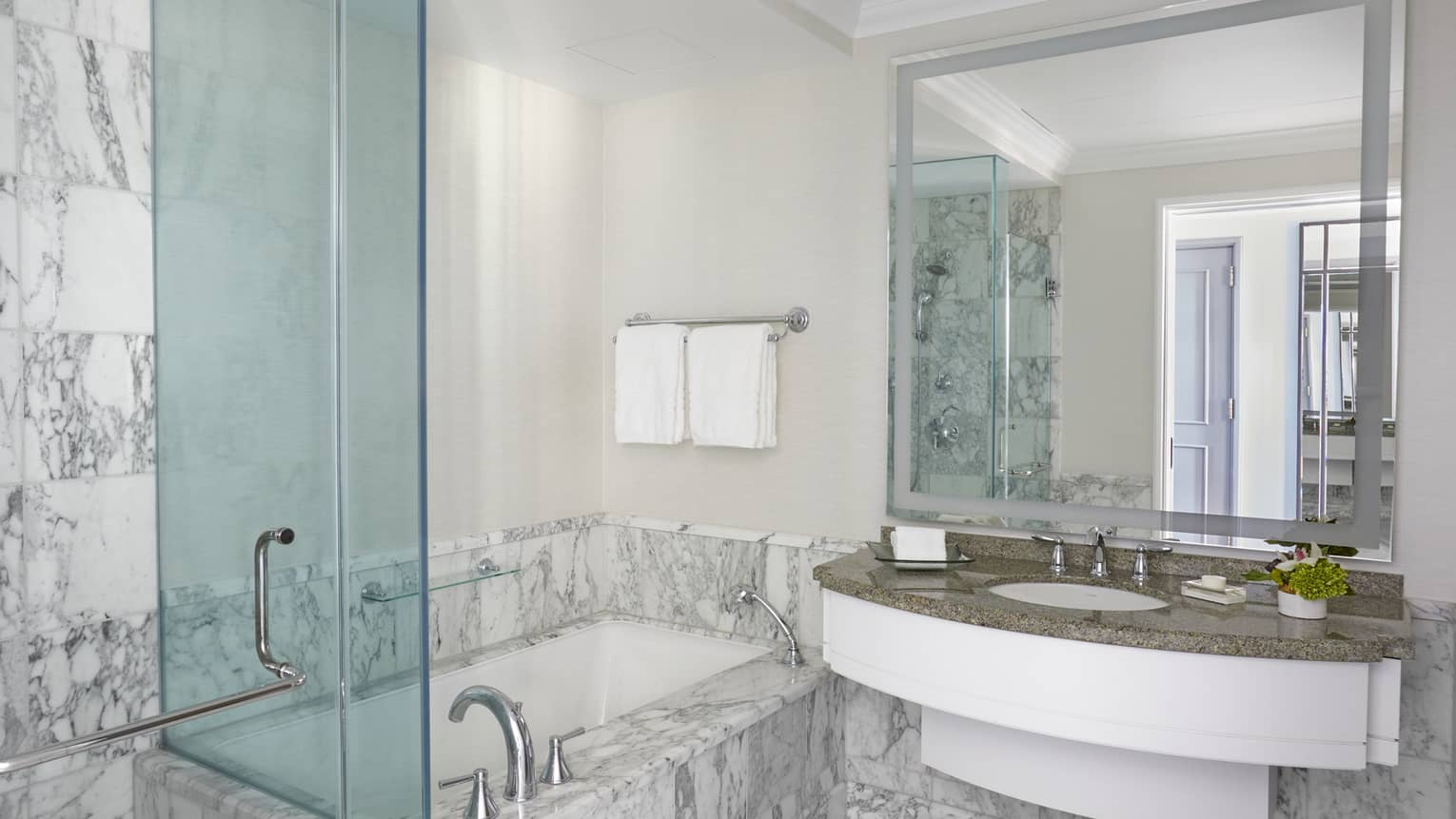 Marble bathroom with glass shower and separate tub