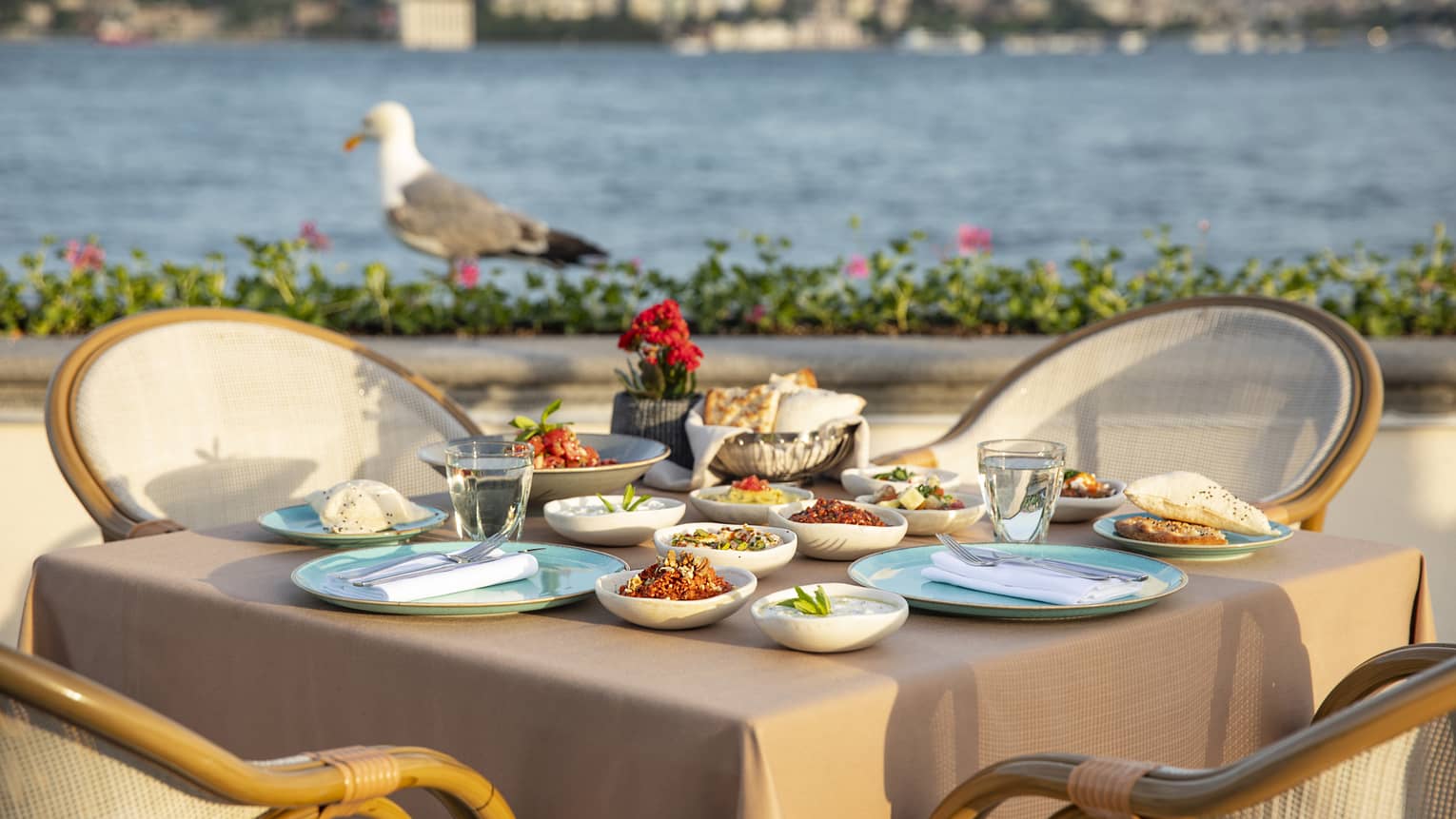 A table set for four with rattan chairs and beige linens, a gull and the Sea of Marmara in the background
